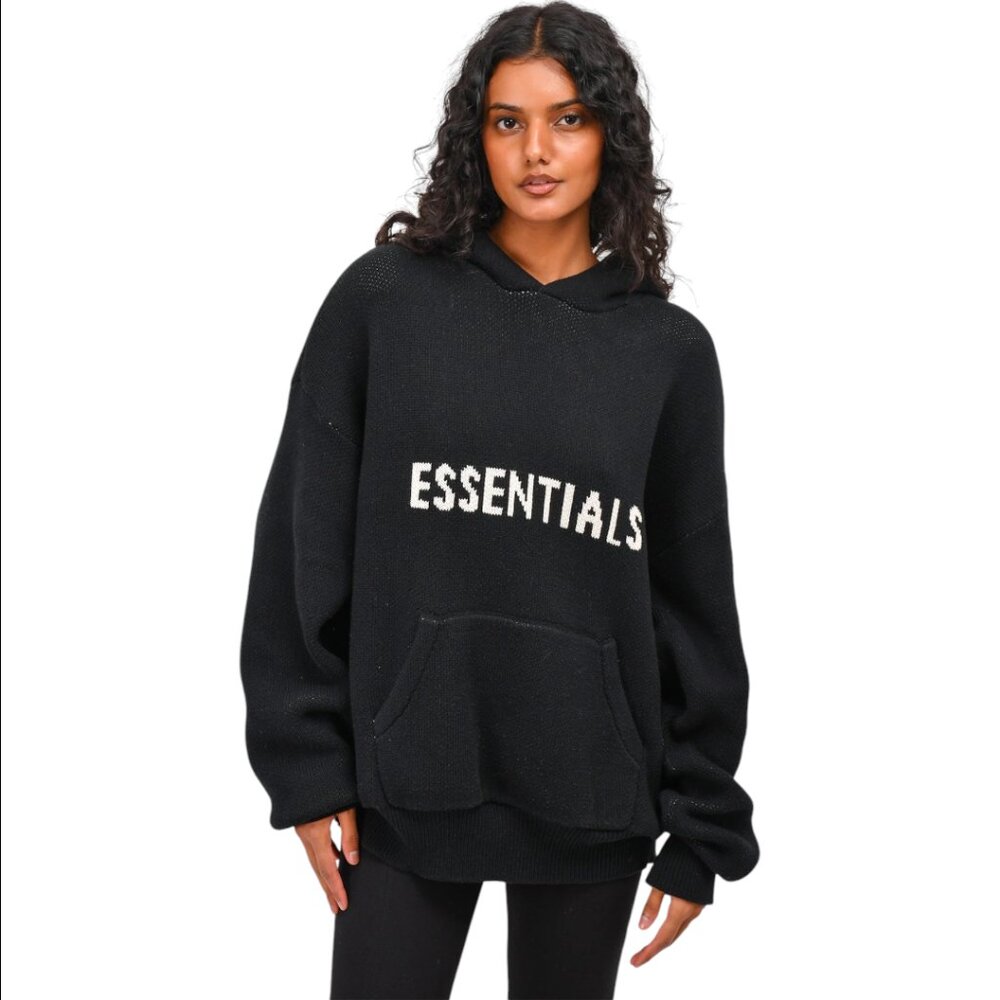 Essentials Fear of God Black Cable Knit Logo Hoodie Size Size M